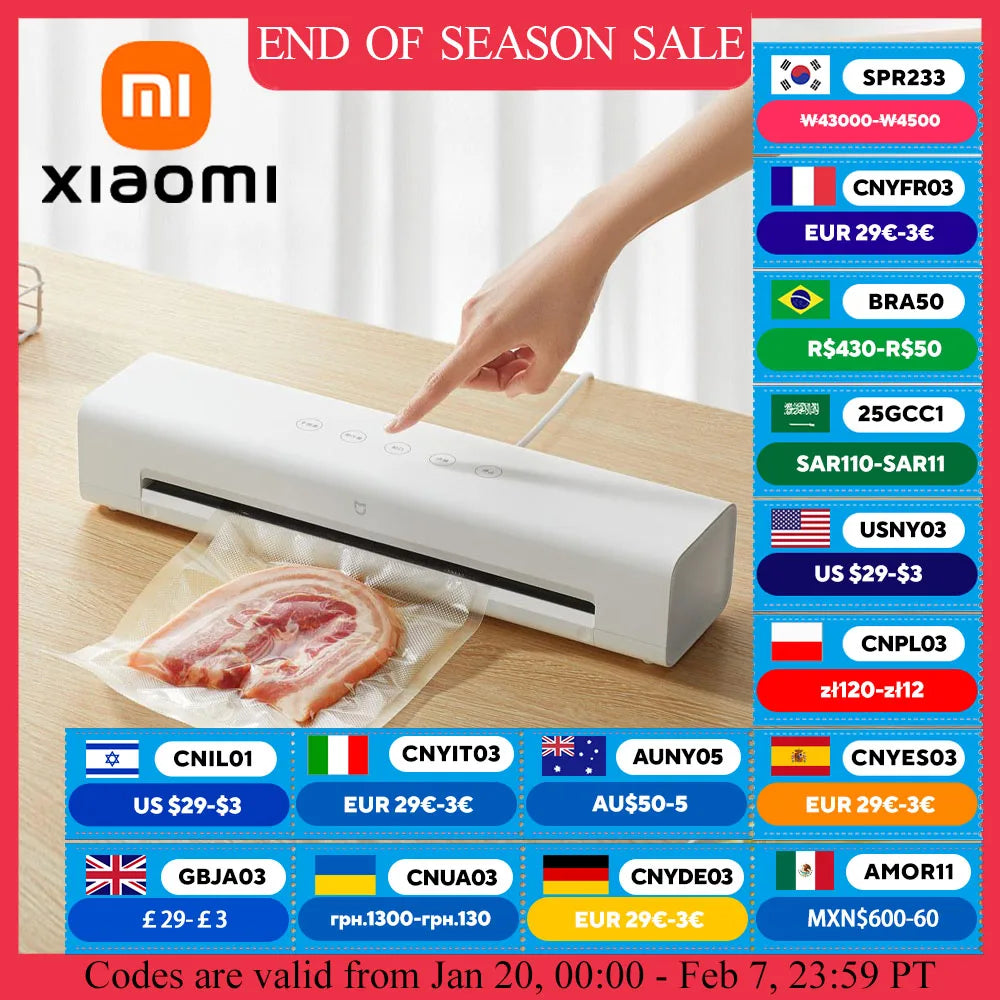 XIAOMI MIJIA Vacuum Sealer Machine,70Kpa Food Vacuum Sealer Machine Preservation Dry/Moist Modes,220V With Free 10pcs Vacuum Bag