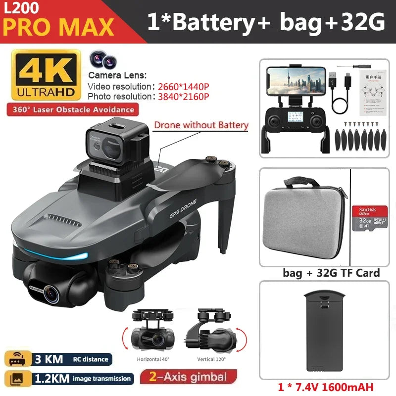 L200 PRO MAX Drone 4K Professional 2-Axis Gimbal 360° Obstacle Avoidance Brushless Motor GPS Quadcopter FPV RC Drones