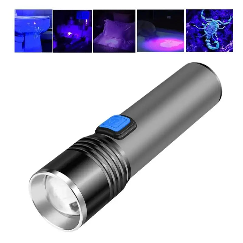 Black Light Flashlight 365nm Portable Detector USB Rechargeable Detector Telescopic Zoom Flashlight For Pet Urine Dry Stains