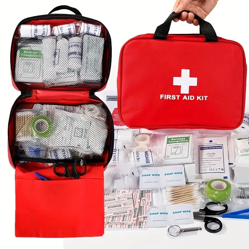 A portable first aid kit: Comprehensive yet compact for home, car, camping and hiking - includes scissors, tweezers and more