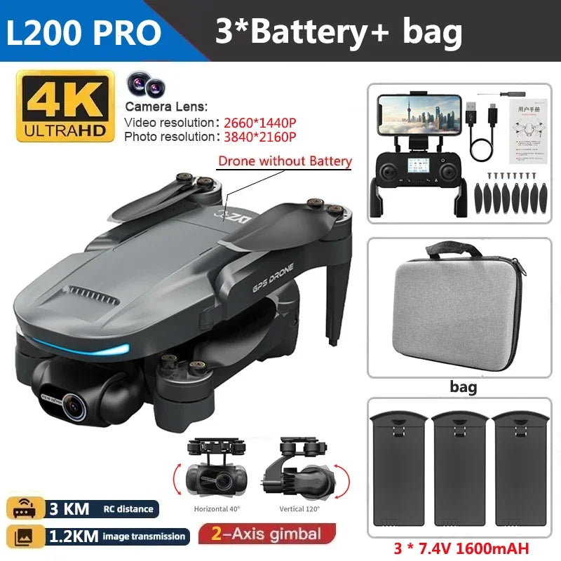 L200 PRO MAX Drone 4K Professional 2-Axis Gimbal 360° Obstacle Avoidance Brushless Motor GPS Quadcopter FPV RC Drones