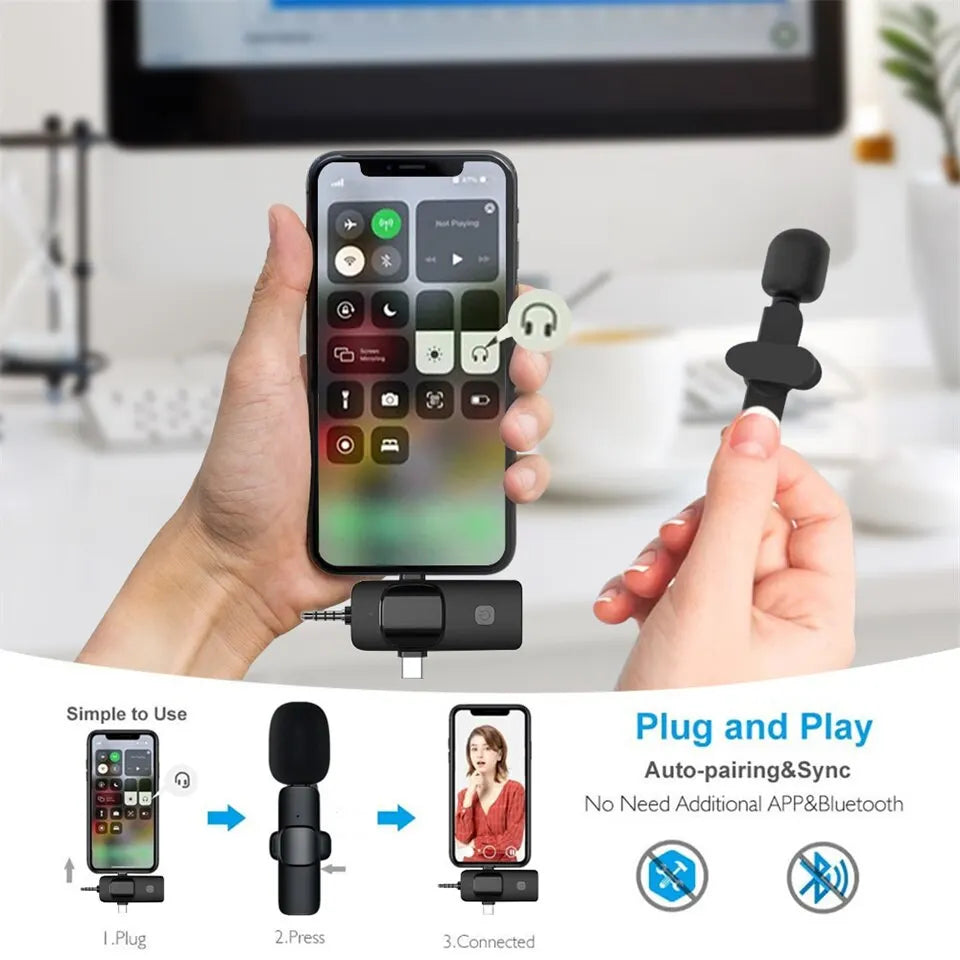 3 IN 1 Wireless Lavalier Microphone Noise Reduction 3.5MM Mini Lapel Mic for IPhone/Android Phone/Camera/Laptop Video Recording