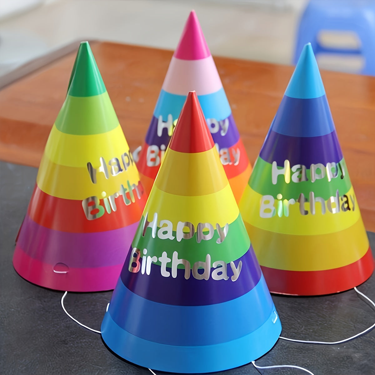 Pack of 10 Rainbow Happy Birthday Party Hats, Disposable Paper Cone Hats for Birthday Celebrations, Vibrant Multi-Color Design, Unisex Party Supplies, No Assembly Required