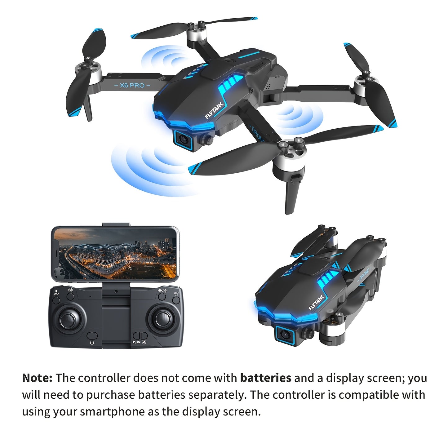 FLYTANK X6 PRO Foldable Drone with Brushless Motors, Dual 720p Cameras, Obstacle Avoidance, Wi-Fi, Infrared Sensor, 750mAh Battery, 30m Max Altitude, 9m/s Speed, 133g Max Takeoff Weight, Includes Carrying Bag - Outdoor Beginn