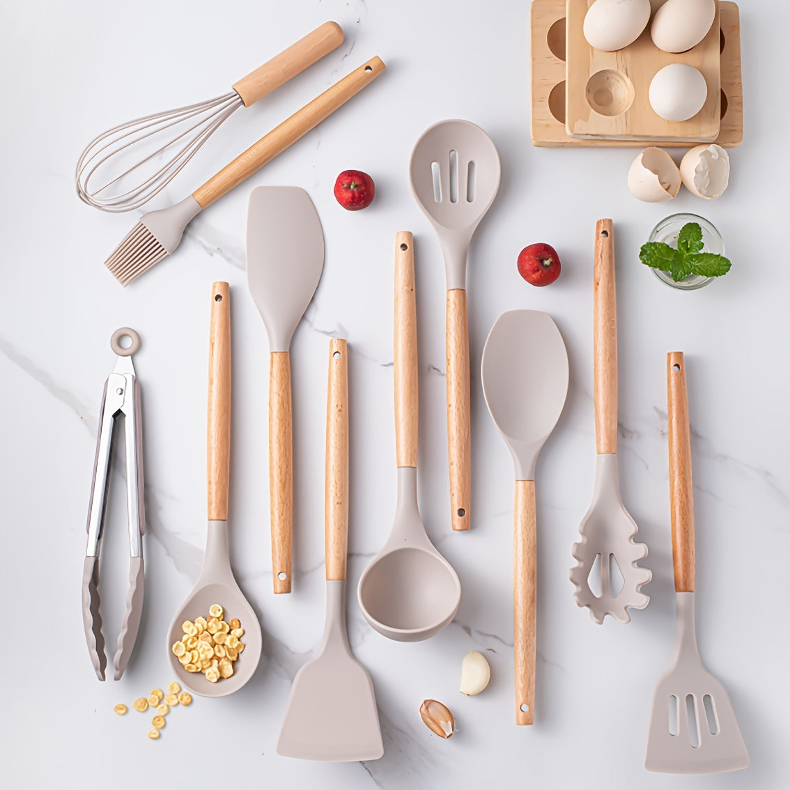 12pcs Silicone Kitchen Utensil Set with Wooden Handles - Heat Resistant Cooking Tools Including Turner, Tongs, Spatula, Spoon, Brush, Whisk - BPA Free Grey Kitchen Gadgets with Holder for Nonstick Pans