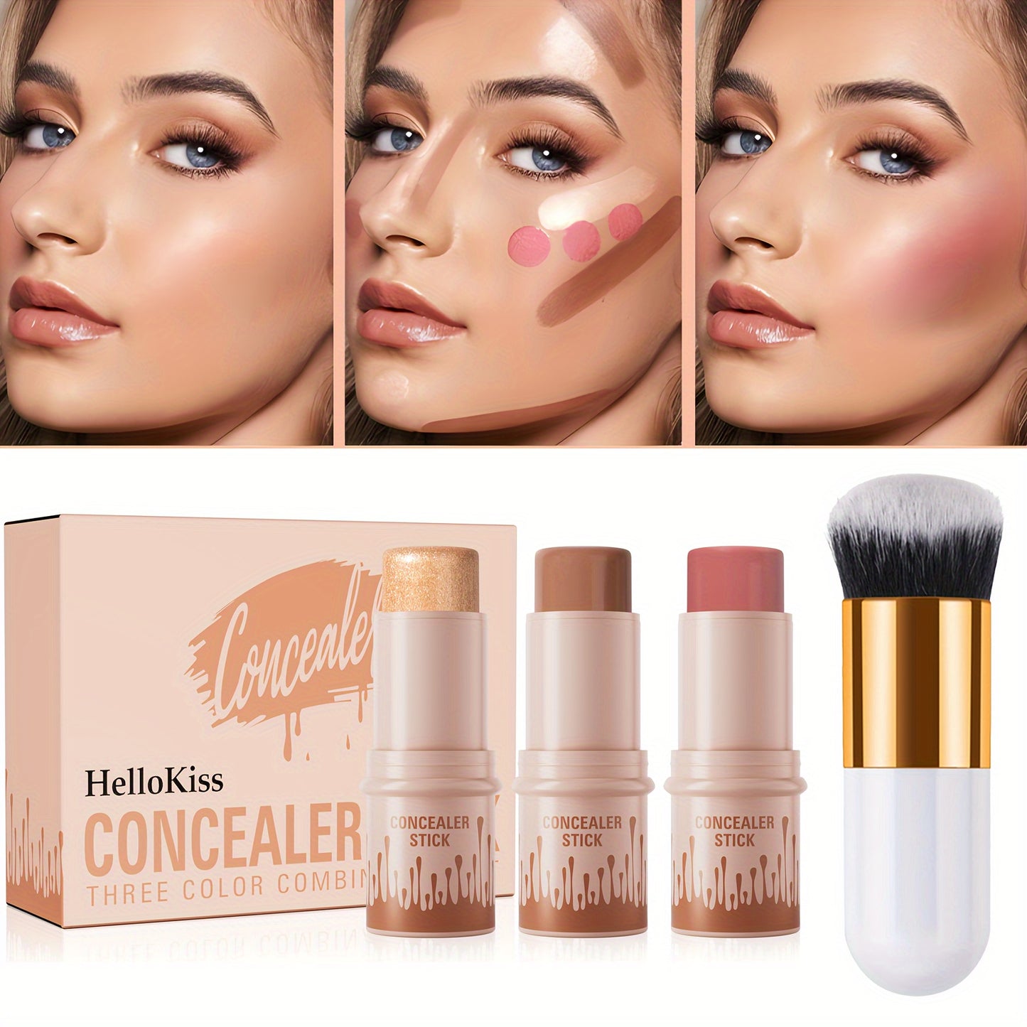 Flawless 3pcs Makeup Set: Contour, Blush & Highlighter Sticks with Brush - Waterproof, Long-Lasting Cream Formula for All Skin Tones - Perfect Gift for Halloween, Thanksgiving & Christmas