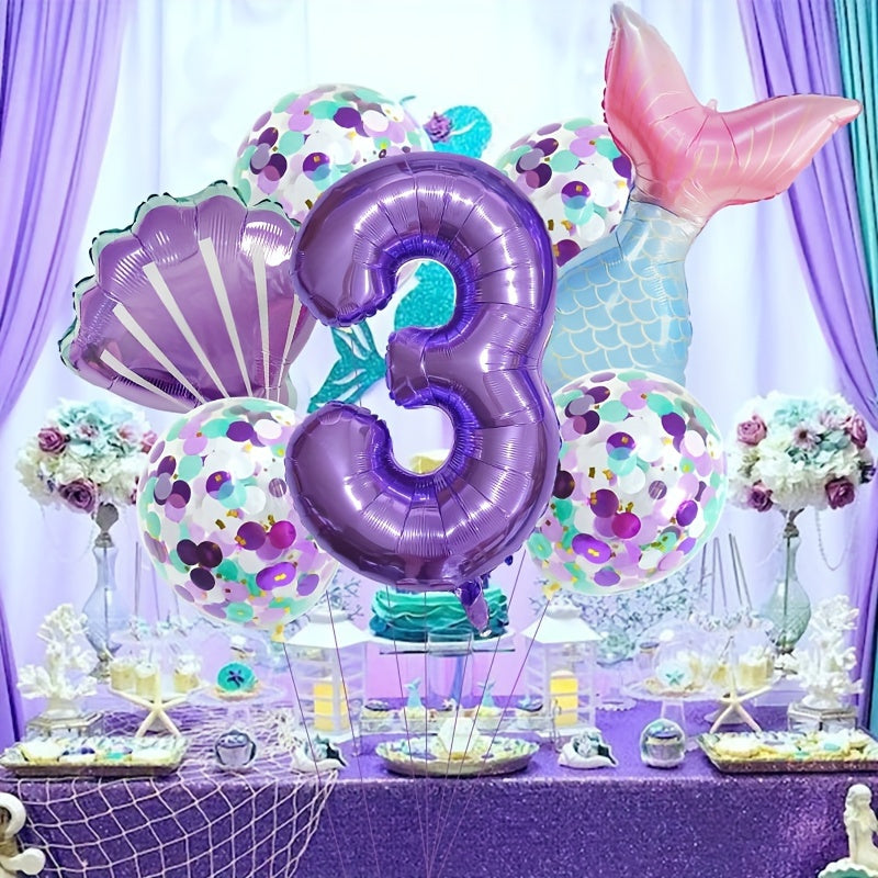 Mermaid Themed Birthday Balloon Set, 81.28 cm Purple Number Balloons, Princess Party Decor with Self-Sealing Mermaid Tail & Shell Balloons, Aluminum Film, Includes Curling Ribbon, Suitable for Birthday, Prom, Summer Party, Ph