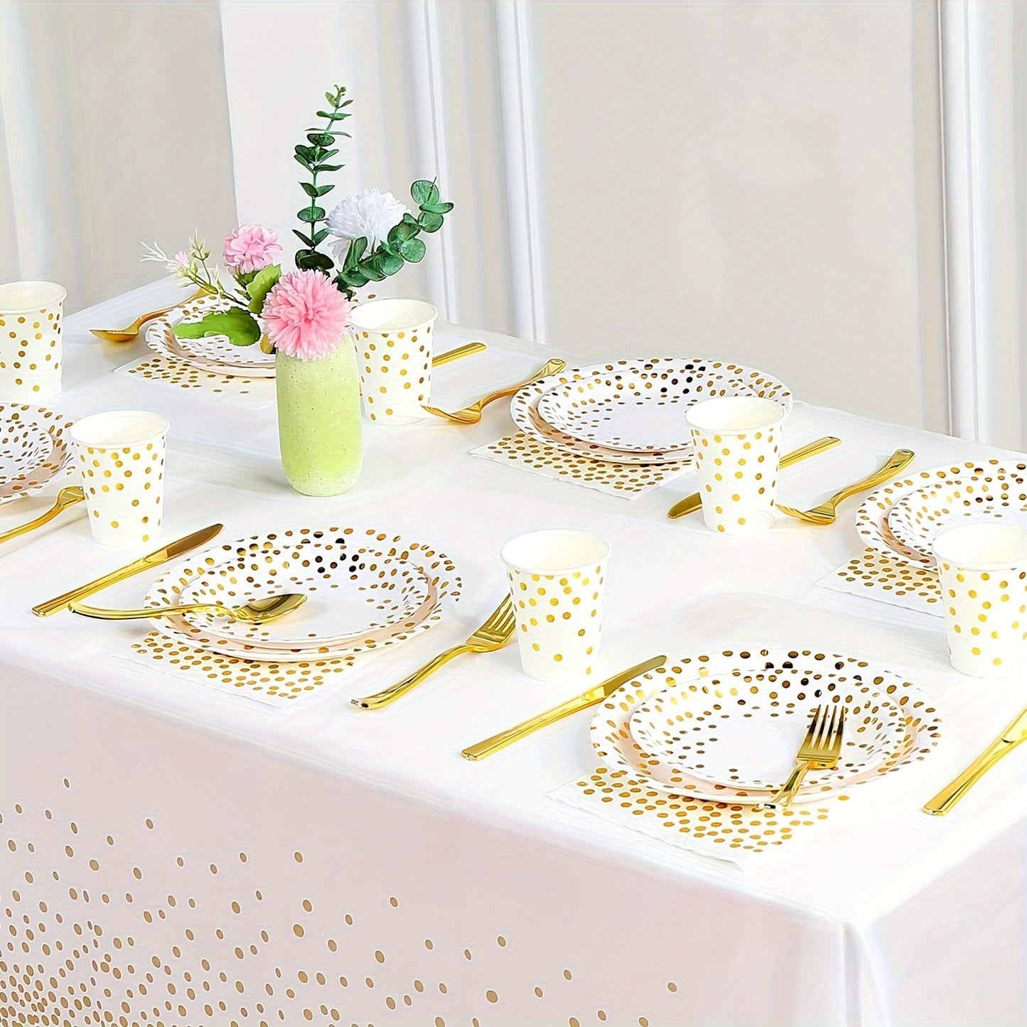 68pcs White And Golden Disposable Party Supplies Set, Golden Dot on White Paper Plates, Napkins, And Cups, for Wedding, Baby Shower, Birthday, Graduation, And General Use, Paper Material, No Power Required