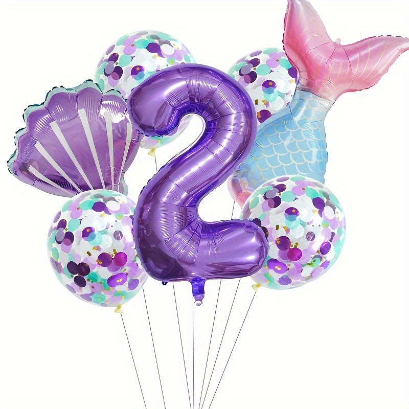 Mermaid Themed Birthday Balloon Set, 81.28 cm Purple Number Balloons, Princess Party Decor with Self-Sealing Mermaid Tail & Shell Balloons, Aluminum Film, Includes Curling Ribbon, Suitable for Birthday, Prom, Summer Party, Ph