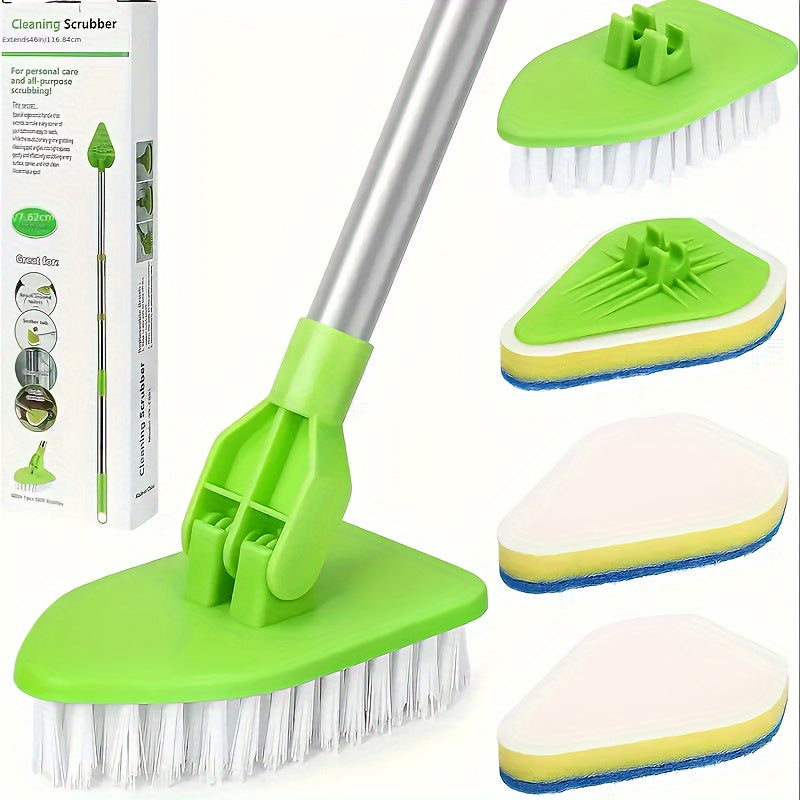 1 Set Long Handle Shower Cleaning Scrub Brush, 2-in-1 Extendable Scrub Brush for Bathtub and Tile Floor, with 3 Sponge Brush Heads and 1 Hard Brush, for Bathroom, Toilet, Bathtub, Kitchen Wall and Window, Cleaning Supplies, C