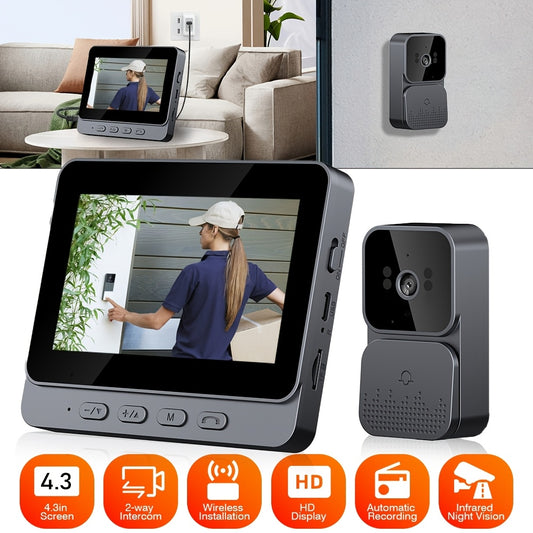 Smart Video Doorbell with 10.92cm Screen - Wireless, Infrared Night Vision, Two-Way Audio, Long-Lasting Rechargeable Battery, Easy Setup, No App Needed