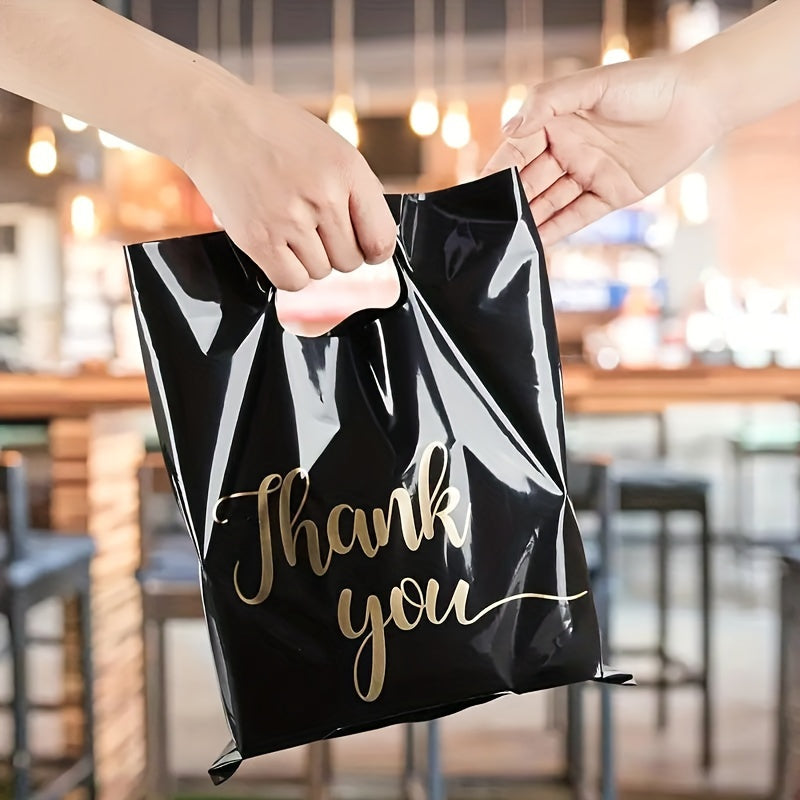 100-Pack Premium Black PE Thank You Bags - Reusable Water-Resistant Polyethylene Retail Shopping Bags with Die Cut Handles - Versatile Gift Bags Ideal for Boutiques, Parties, and Holiday Gifts