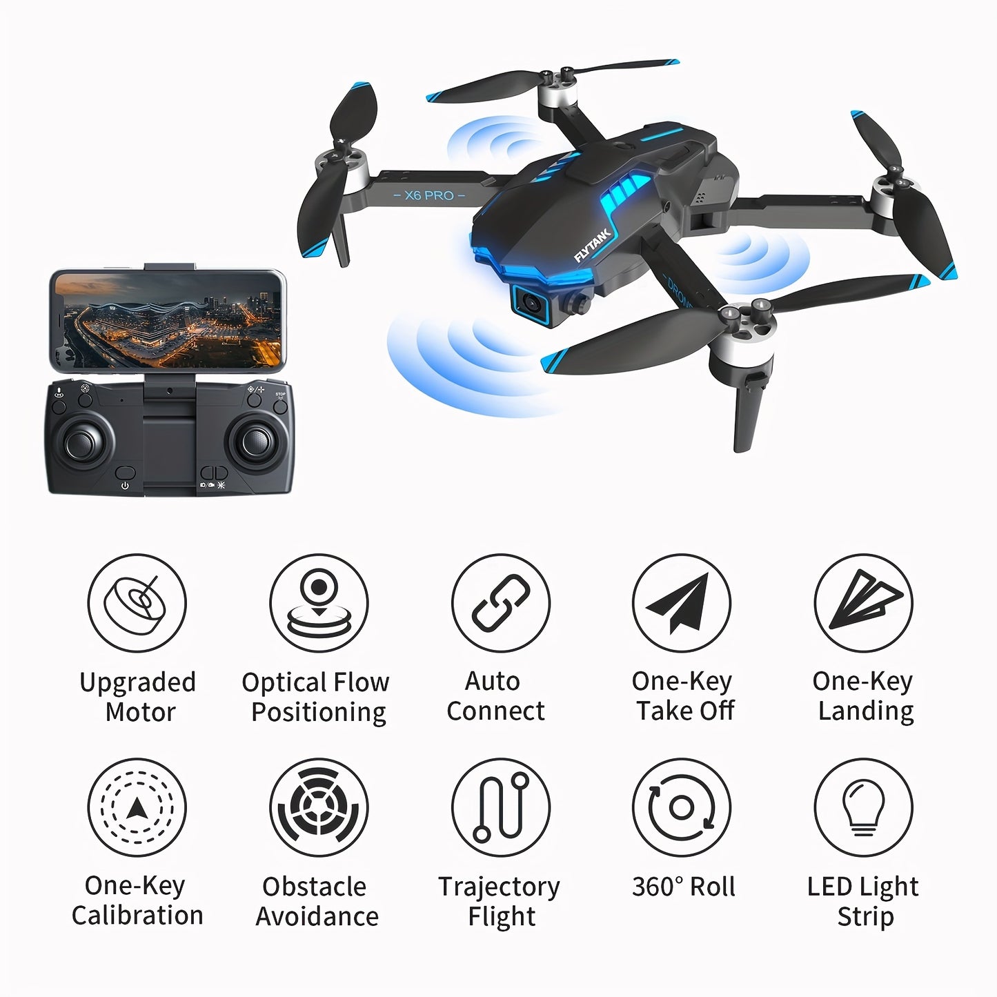 FLYTANK X6 PRO Dual Camera Drone, Brushless Motors, Optical Flow Positioning, Obstacle Avoidance, Wi-Fi, Infrared Sensor, 720p Video, Beginner Friendly, with 30m Max Flight Altitude, 9m/s Speed, 133g Takeoff Weight, 70m Contr