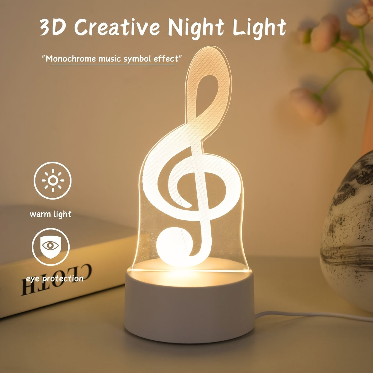 USB-Powered 3D Music Note Night Light - Creative Table Lamp for Bedroom & Living Room Decor, Perfect Birthday or Holiday Gift