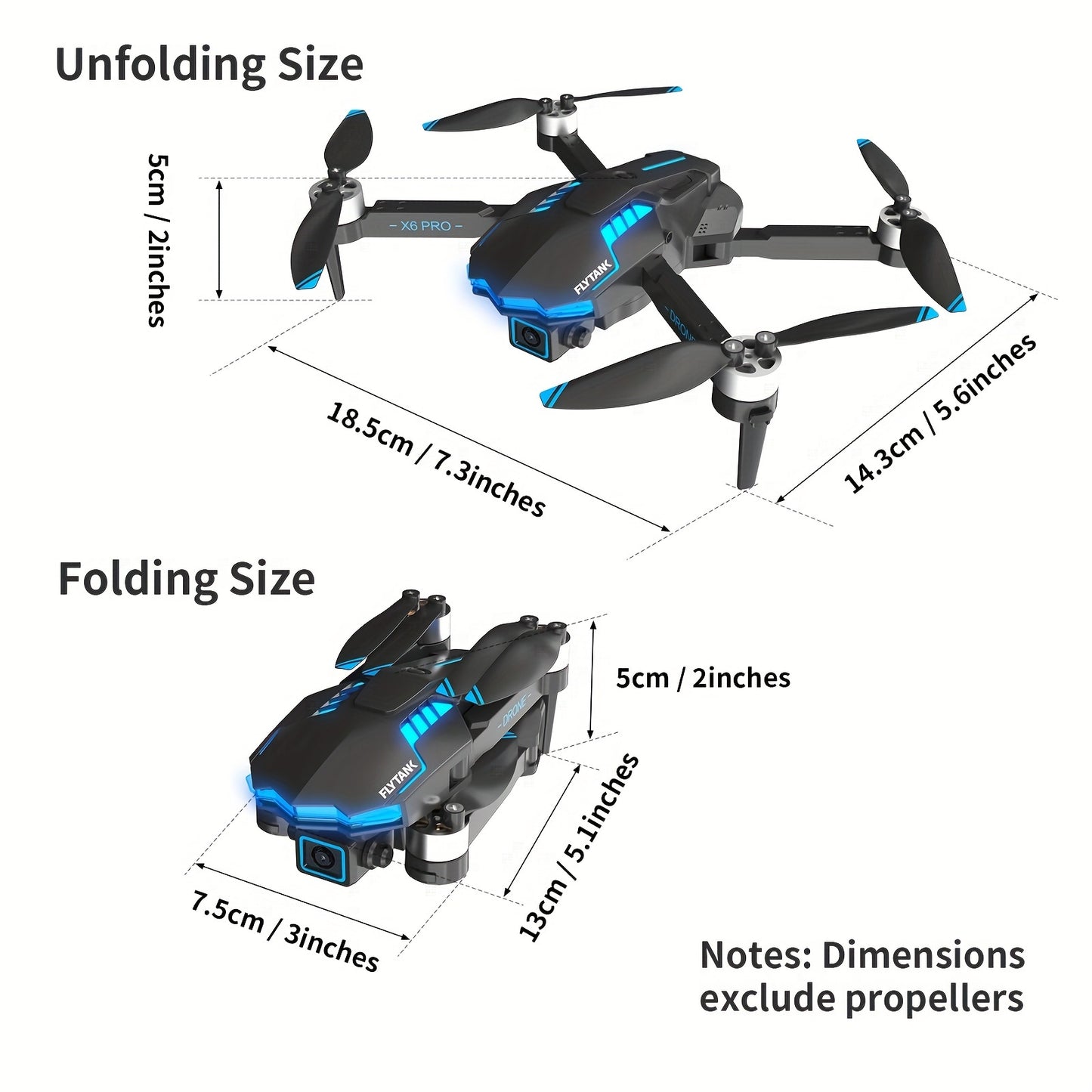 FLYTANK X6 PRO Foldable Drone with Brushless Motors, Dual 720p Cameras, Obstacle Avoidance, Wi-Fi, Infrared Sensor, 750mAh Battery, 30m Max Altitude, 9m/s Speed, 133g Max Takeoff Weight, Includes Carrying Bag - Outdoor Beginn