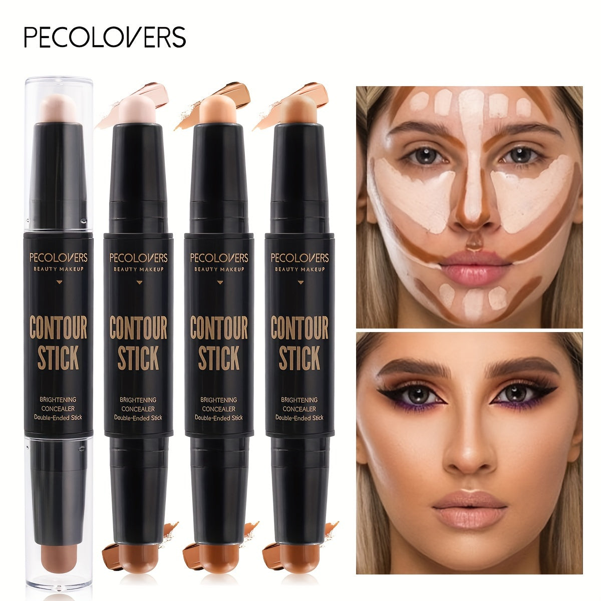 PECOLOVERS Highlight Contour Stick Duo - Nature Finish, Water Resistant, All Skin Tones, Under 1 Fl Oz Multi-Use Contouring & Bronzing Pencil, Cream Formula for Enhanced Coverage, Stick Form