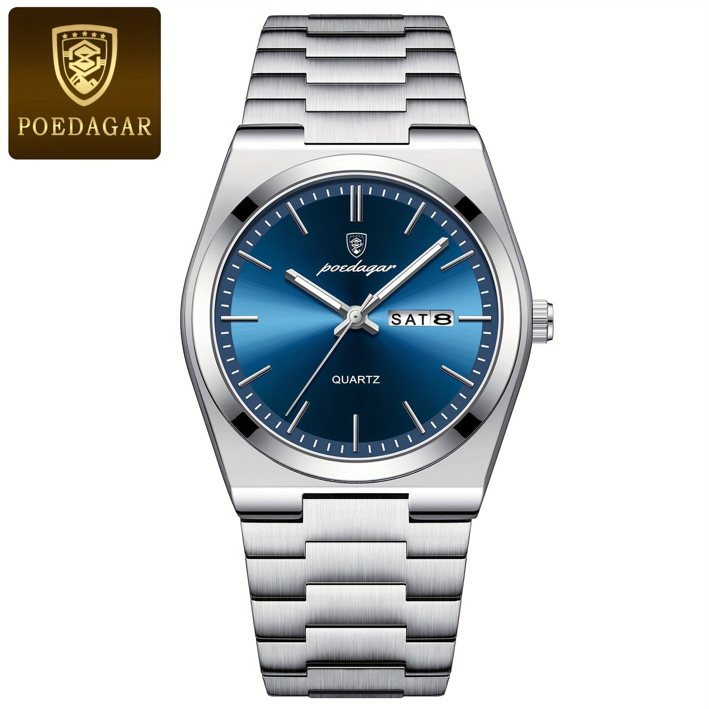 POEDAGAR Men's Luxury Stainless Steel Quartz Watch, Luminous with Calendar Feature, Business & Casual Style