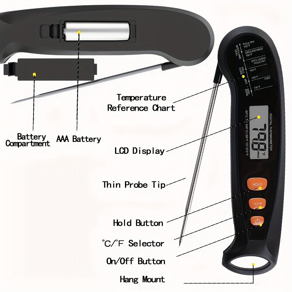 1pc Digital Kitchen Food Thermometer, Fast and Accurate Temperature Measurement, Foldable Design for Easy Storage, Metal Probe, Digital Display, Single Use, Suitable for Food Contact, Requires 1 AAA Battery (Not Included)