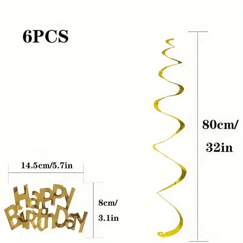 6pcs Golden "Happy Birthday" Spiral Hanging Decorations, PVC, Perfect for Party Room & New Year Celebrations - Festive Holiday Accessory, Birthday Party Decorations