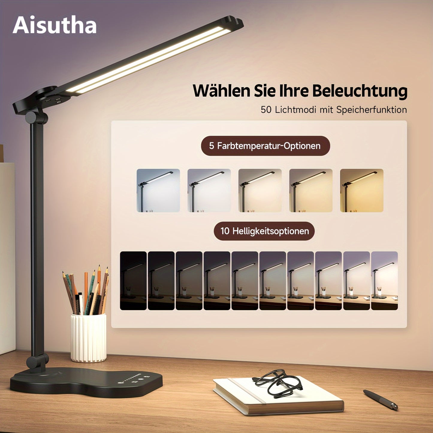 Aisutha Violin LED Desk Lamp, Double Arm, 5 Colors, 10 Brightness Levels, 45-Minute Timer, USB Powered, Ideal for Office and Study, Great Christmas Gift, Desk Lamp, Can Be Used