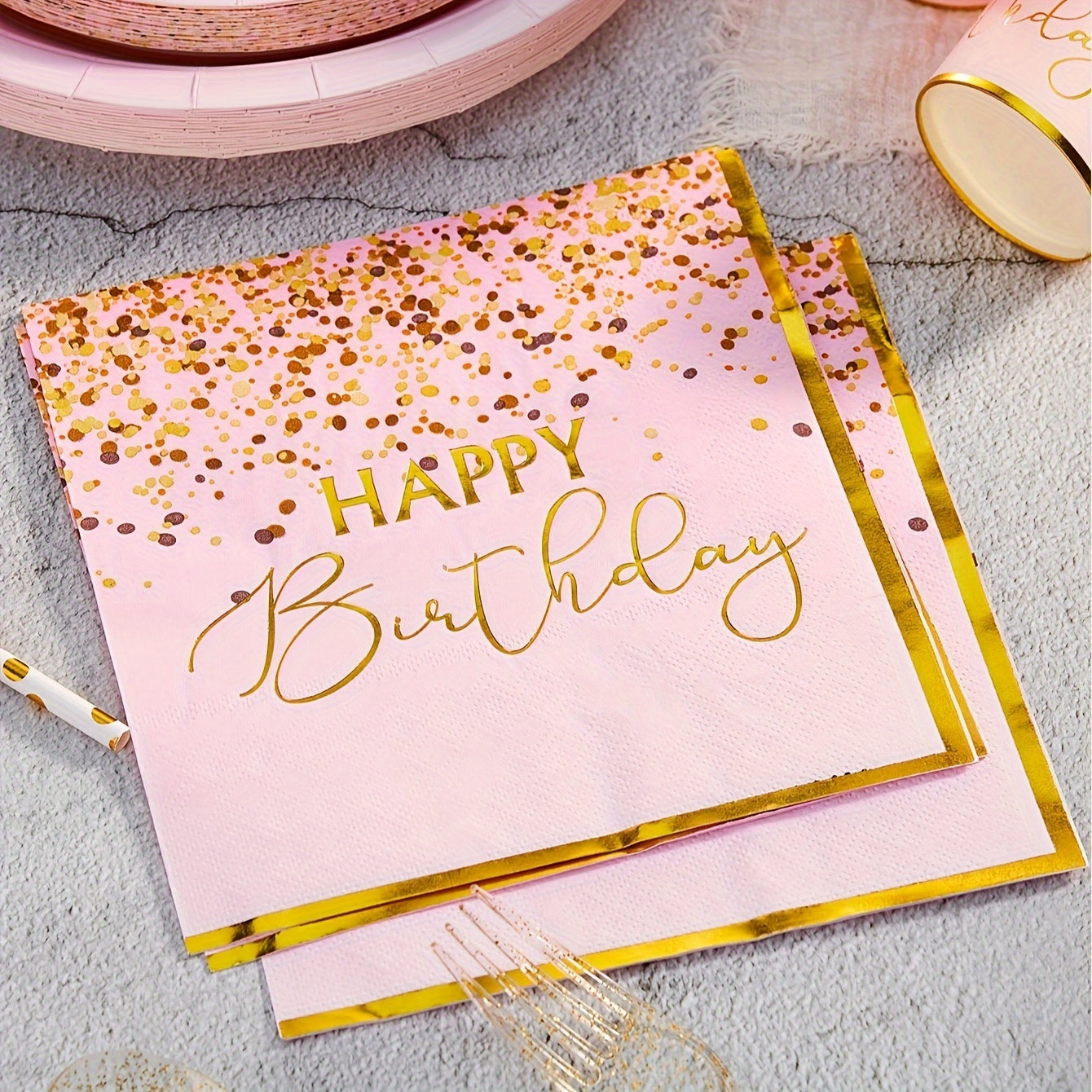 24pcs/Set of Pink Napkins, 33.02*33.02 cm Disposable Double-Layer Pink Napkins, Golden Happy Birthday Pattern Napkins, Suitable for Birthday Celebration Party Supplies Decorative Party Napkins