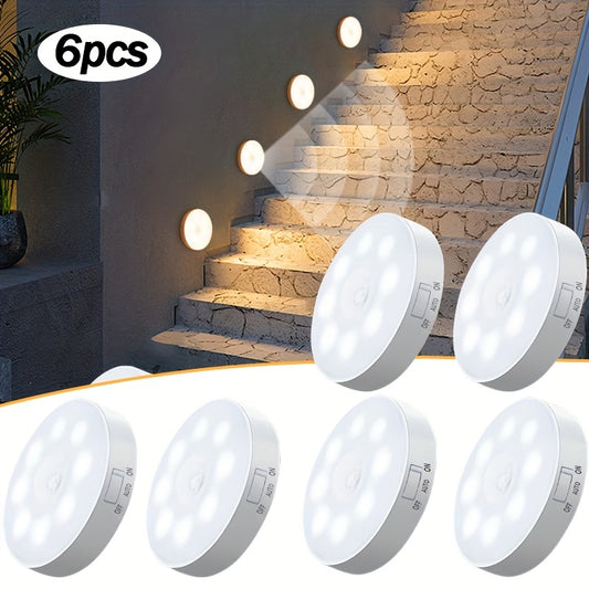 AMill 6-Pack LED Step Lights with Smart Dual Sensor - Motion and Light Activated, Polished Plastic Sconce with PVC Shade, Rechargeable 250mAh Lithium Battery, Wireless, Semi-Flush Mount, Indoor Night Light for Staircase, Bedr