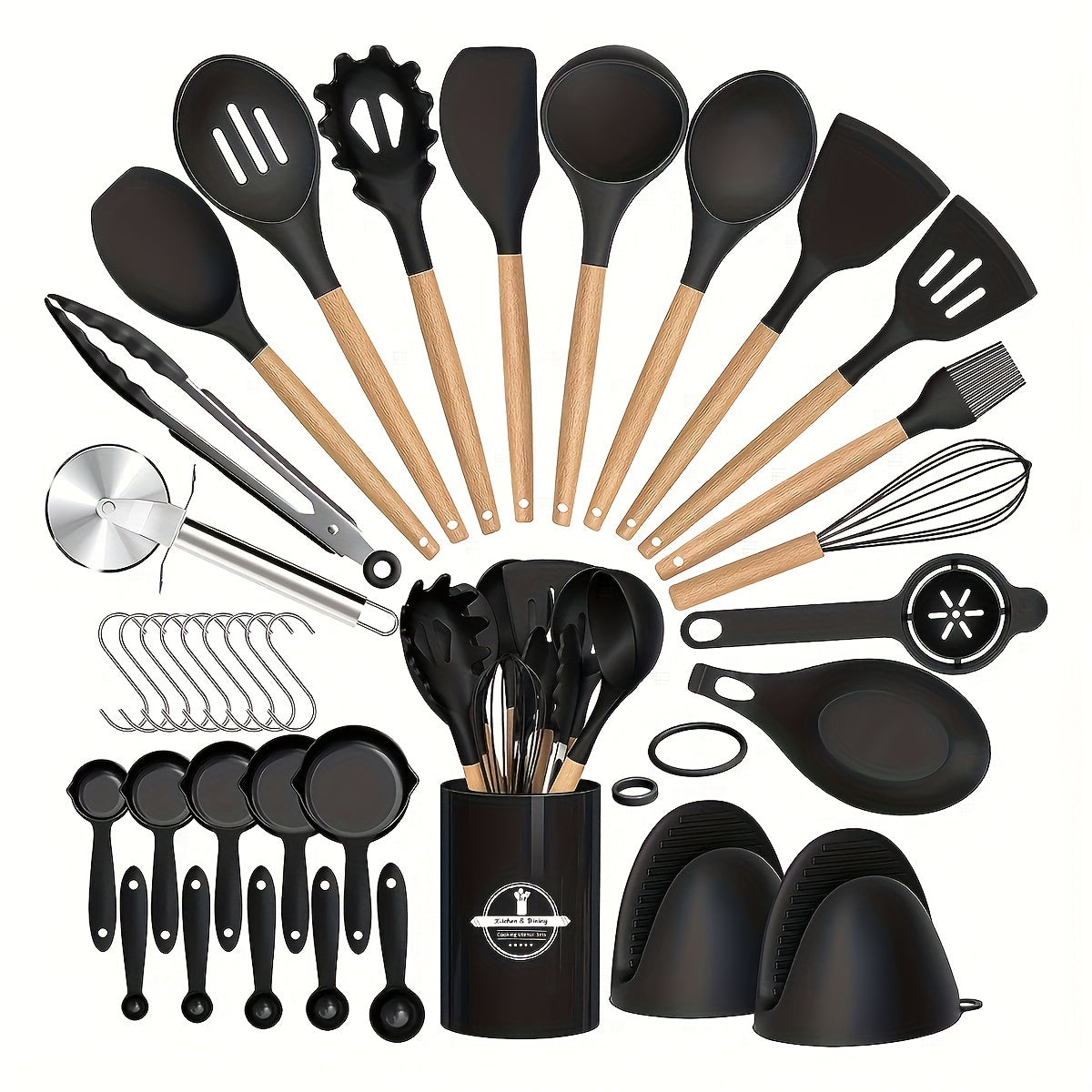 36pcs, Silicone Kitchen Utensil Set with Wooden Handles, Heat-Resistant Non-Stick Cooking And Baking Tools for Home Kitchen