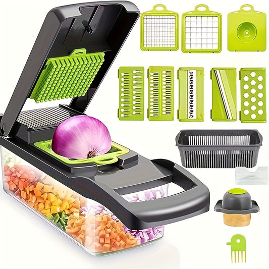 1 Set 16-in-1 Manual Vegetable Chopper, with 8 Blades, Container, Peeler and Filter, Easy to Prepare Meals, Professional Onion, Carrot and Garlic Slicer, Kitchen Supplies