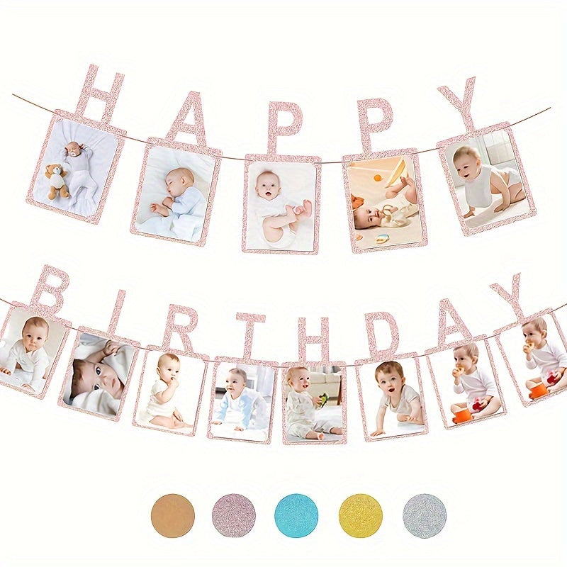 Decorative Birthday Photo Banner, Birthday Party Flag, Photo Wall Decorations, HAPPY BIRTHDAY Banner With String