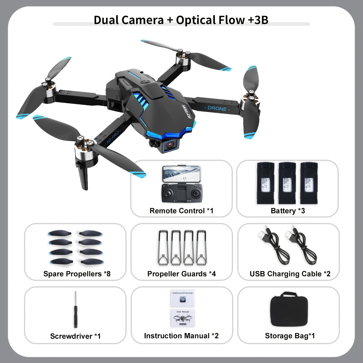 FLYTANK X6 PRO Foldable Drone with Brushless Motors, Dual 720p Cameras, Obstacle Avoidance, Wi-Fi, Infrared Sensor, 750mAh Battery, 30m Max Altitude, 9m/s Speed, 133g Max Takeoff Weight, Includes Carrying Bag - Outdoor Beginn