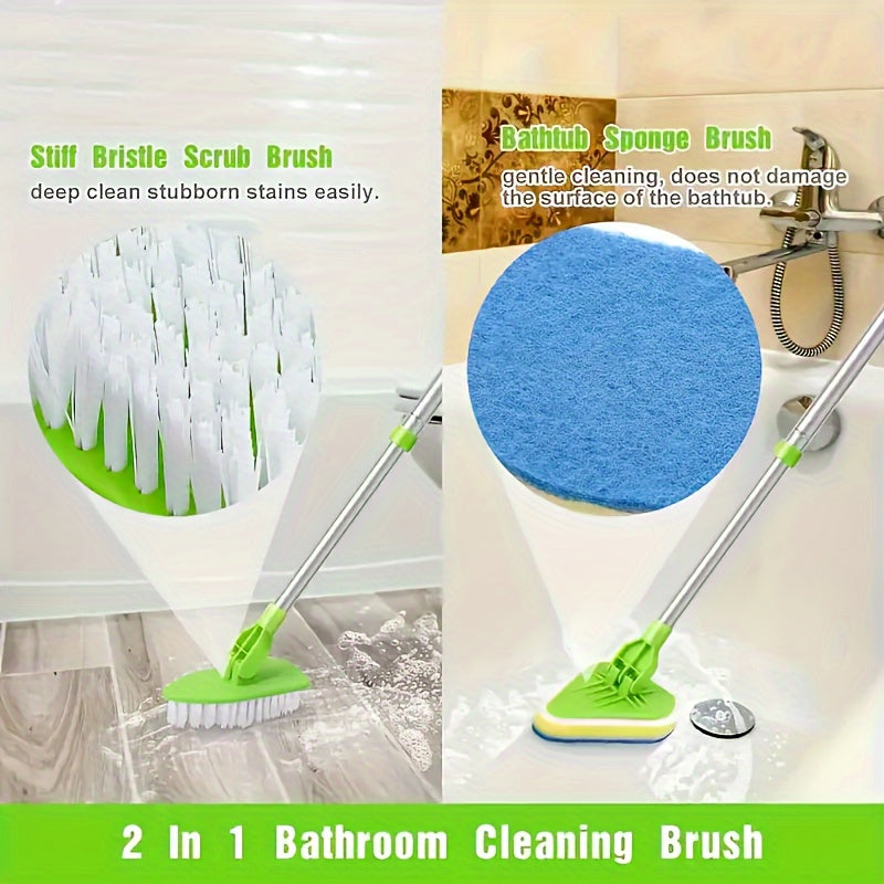 1 Set Long Handle Shower Cleaning Scrub Brush, 2-in-1 Extendable Scrub Brush for Bathtub and Tile Floor, with 3 Sponge Brush Heads and 1 Hard Brush, for Bathroom, Toilet, Bathtub, Kitchen Wall and Window, Cleaning Supplies, C