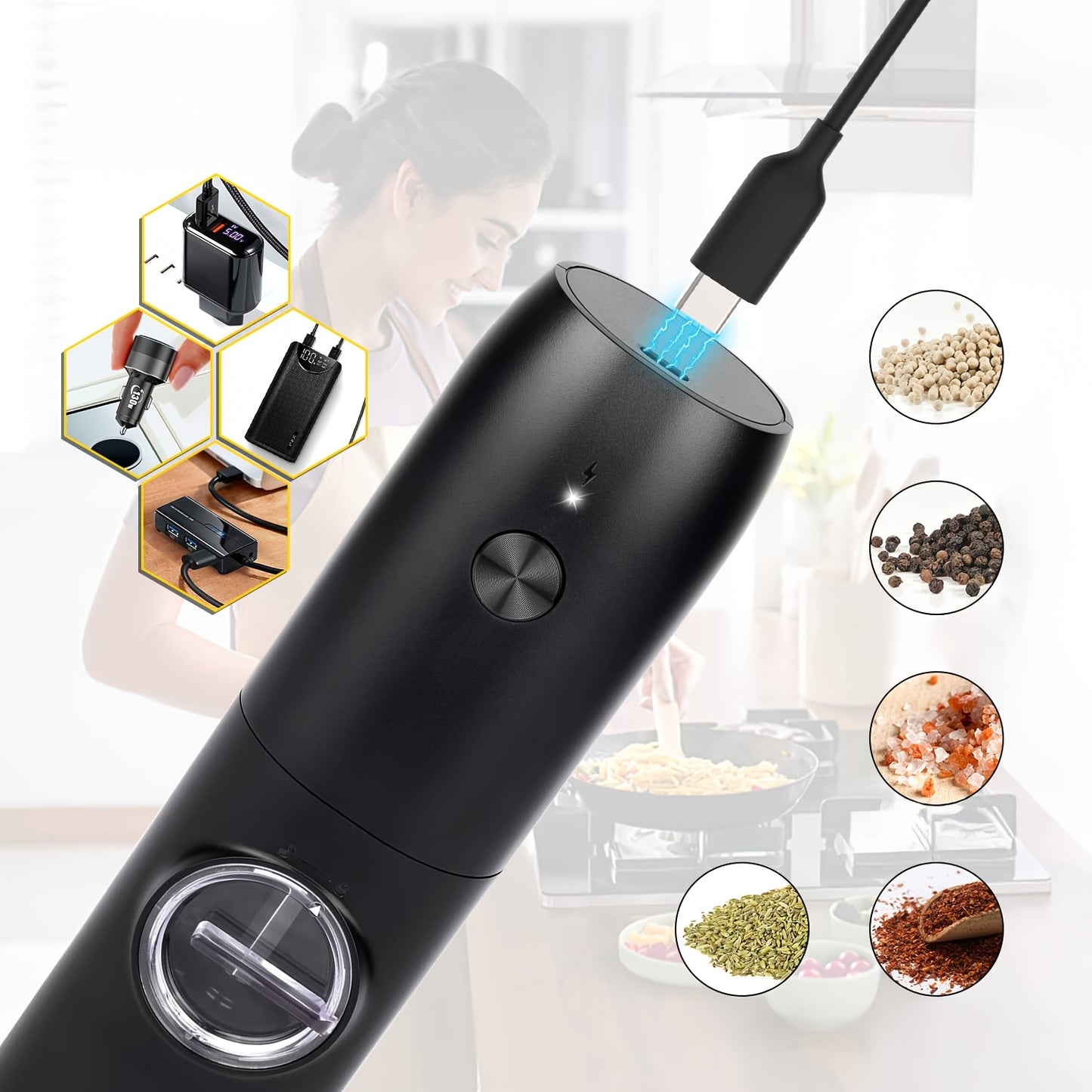 USB Rechargeable Electric Salt and Pepper Mill with LED Light - Adjustable Ceramic Grinder, Fine to Coarse Spice Crushing, Includes Cleaning Brush, Ideal for BBQ, Picnics & Kitchen Use - Sleek Black