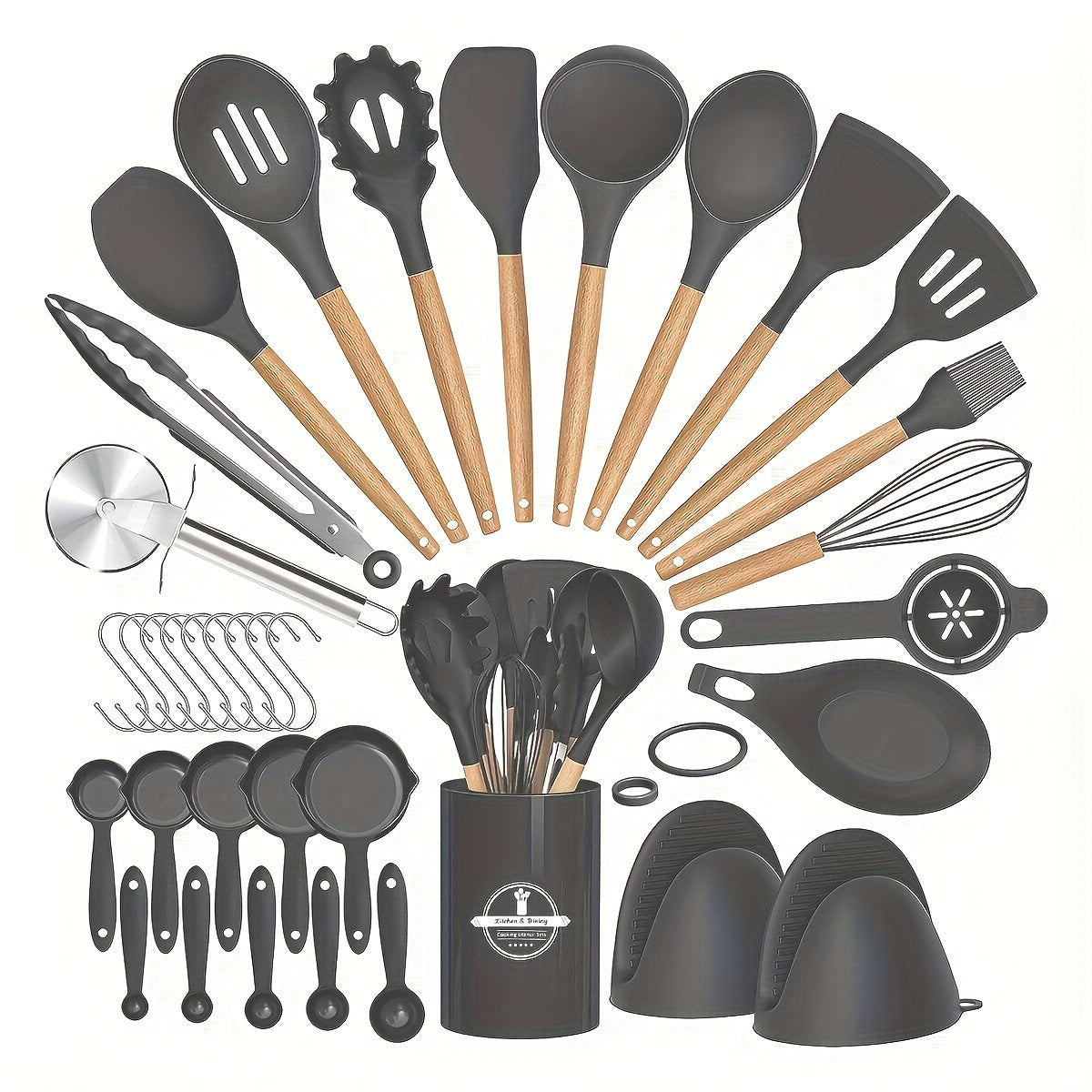 36pcs, Silicone Kitchen Utensil Set with Wooden Handles, Heat-Resistant Non-Stick Cooking And Baking Tools for Home Kitchen