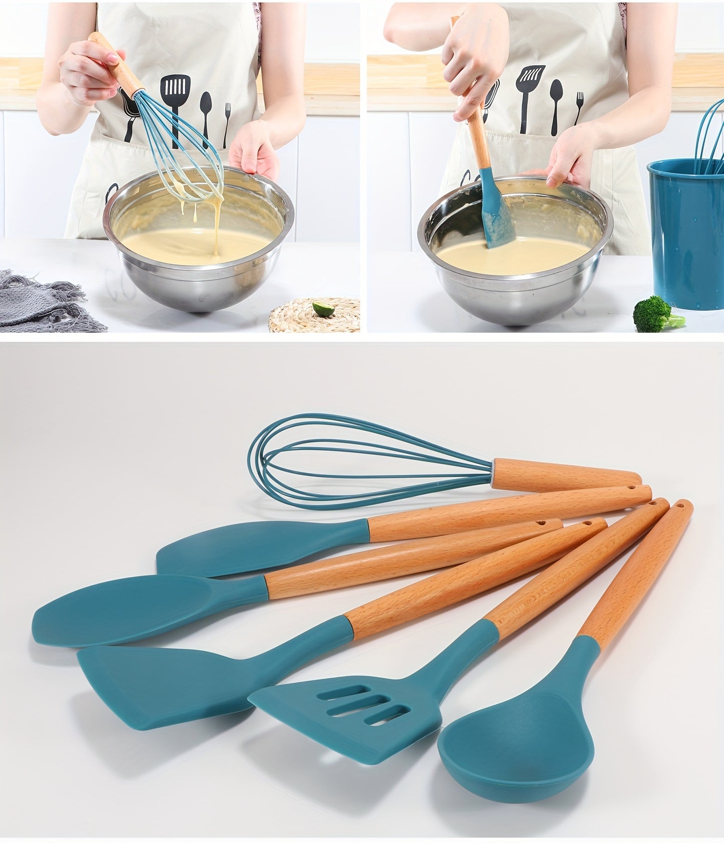 12pcs Silicone Kitchen Utensil Set with Wooden Handles - Heat Resistant Cooking Tools Including Turner, Tongs, Spatula, Spoon, Brush, Whisk - BPA Free Grey Kitchen Gadgets with Holder for Nonstick Pans