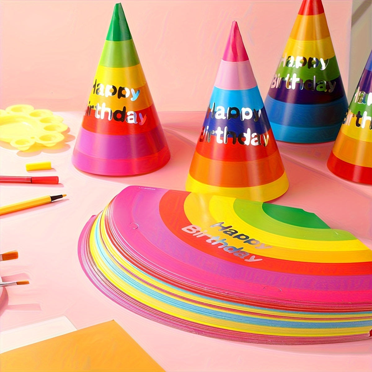 Pack of 10 Rainbow Happy Birthday Party Hats, Disposable Paper Cone Hats for Birthday Celebrations, Vibrant Multi-Color Design, Unisex Party Supplies, No Assembly Required