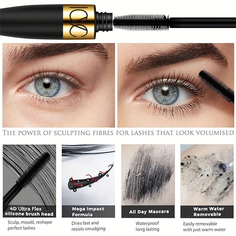 Volumizing 4D Waterproof Mascara, Long-lasting Curling And Lengthening Lash Makeup, Intense Black, Clump-Free Formula For Dramatic Eyes