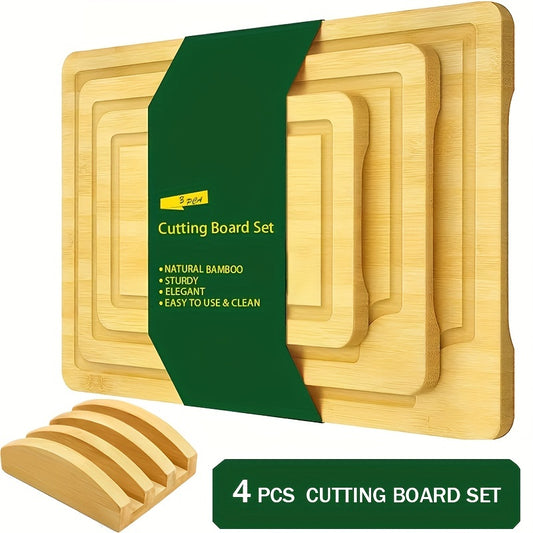 4pcs Bamboo Cutting Board Set with Holder - Natural, Sturdy & Easy-to-Clean Wooden Chopping Boards for Kitchen, Food-Safe, Includes Curved Design for Efficient Storage, Cutting Boards for Kitchen