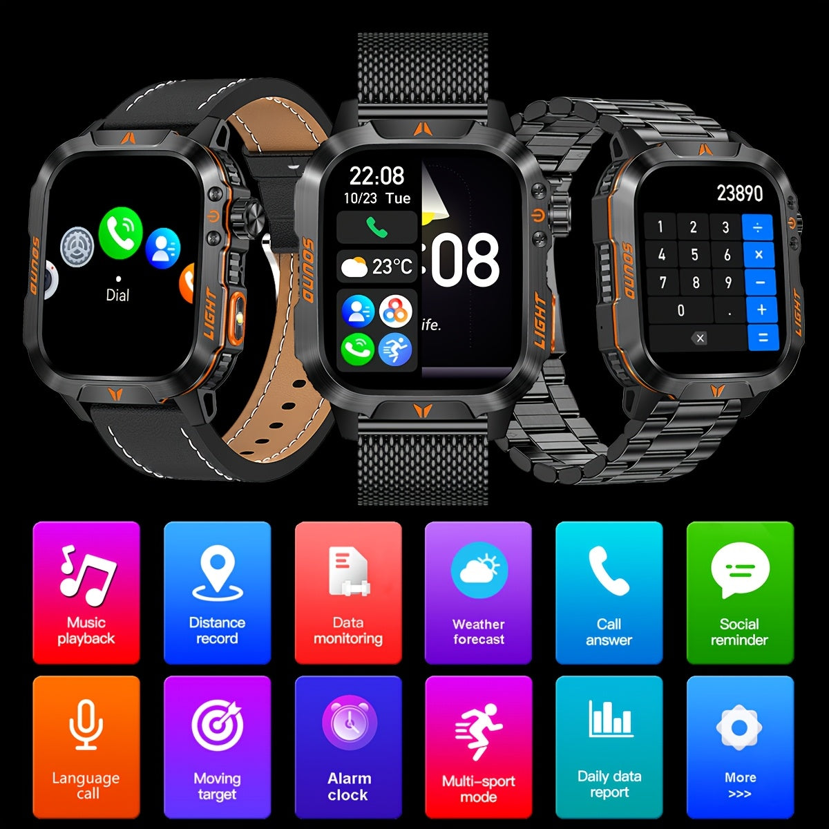 [Sleek Smartwatch] Aimes Men's Outdoor Sports Smartwatch 5.11cm Full Touch Screen,, Wireless 5.0, Wireless Connectivity for Android & for iPhone - Features Step Counter, Monitor, Call & Message Notifications, with Magnetic Ch