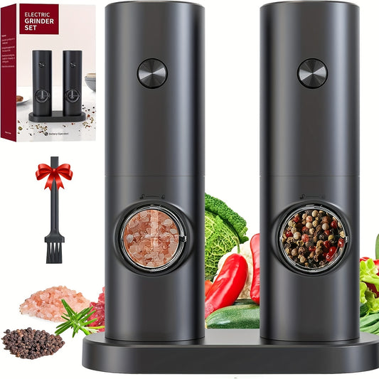 1 Set Electric Salt and Pepper Grinder Set, Automatic Pepper mill with battery operated, Adjustable Coarseness, One-handed operation, Electronic Spice Grinder with decorative base and LED Ligh