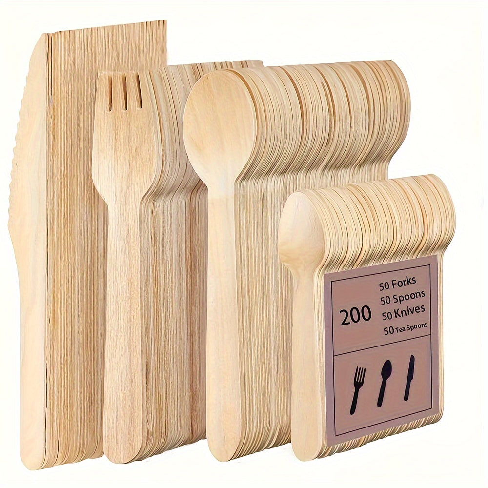 200pcs disposable knife, fork and spoon set, made of high-quality birch wood, biodegradable and compostable, a set consisting of 50 knives + 50 forks + 50 spoons + 50 dessert spoons