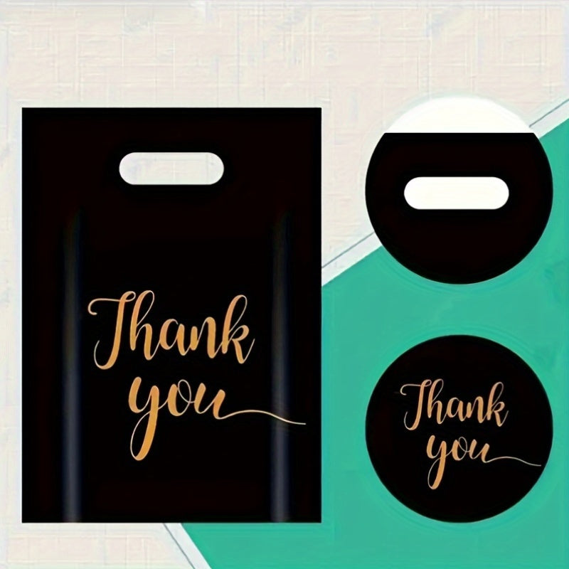 100-Pack Premium Black PE Thank You Bags - Reusable Water-Resistant Polyethylene Retail Shopping Bags with Die Cut Handles - Versatile Gift Bags Ideal for Boutiques, Parties, and Holiday Gifts