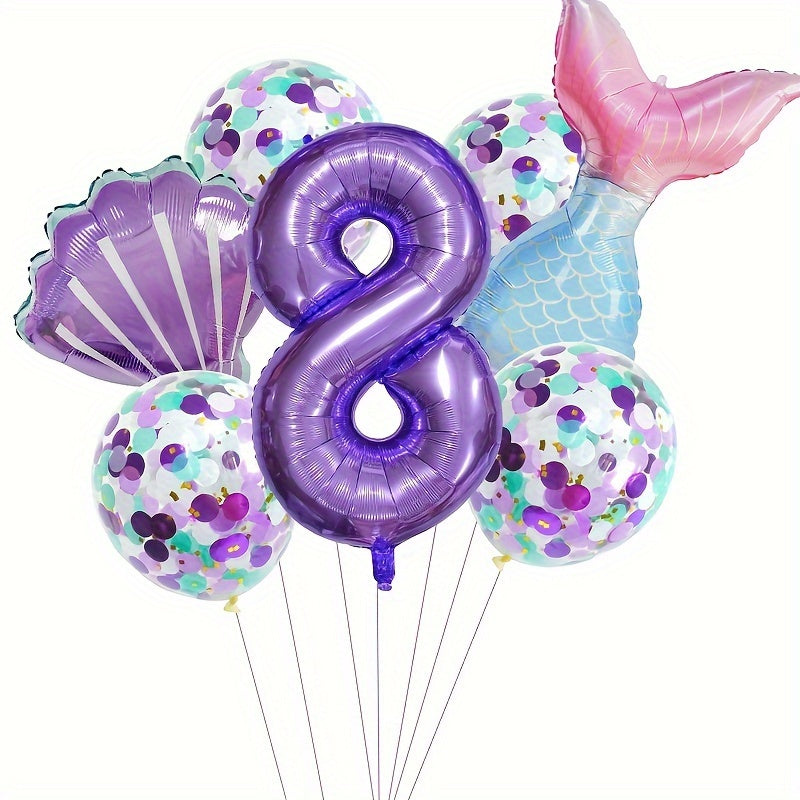 Mermaid Themed Birthday Balloon Set, 81.28 cm Purple Number Balloons, Princess Party Decor with Self-Sealing Mermaid Tail & Shell Balloons, Aluminum Film, Includes Curling Ribbon, Suitable for Birthday, Prom, Summer Party, Ph