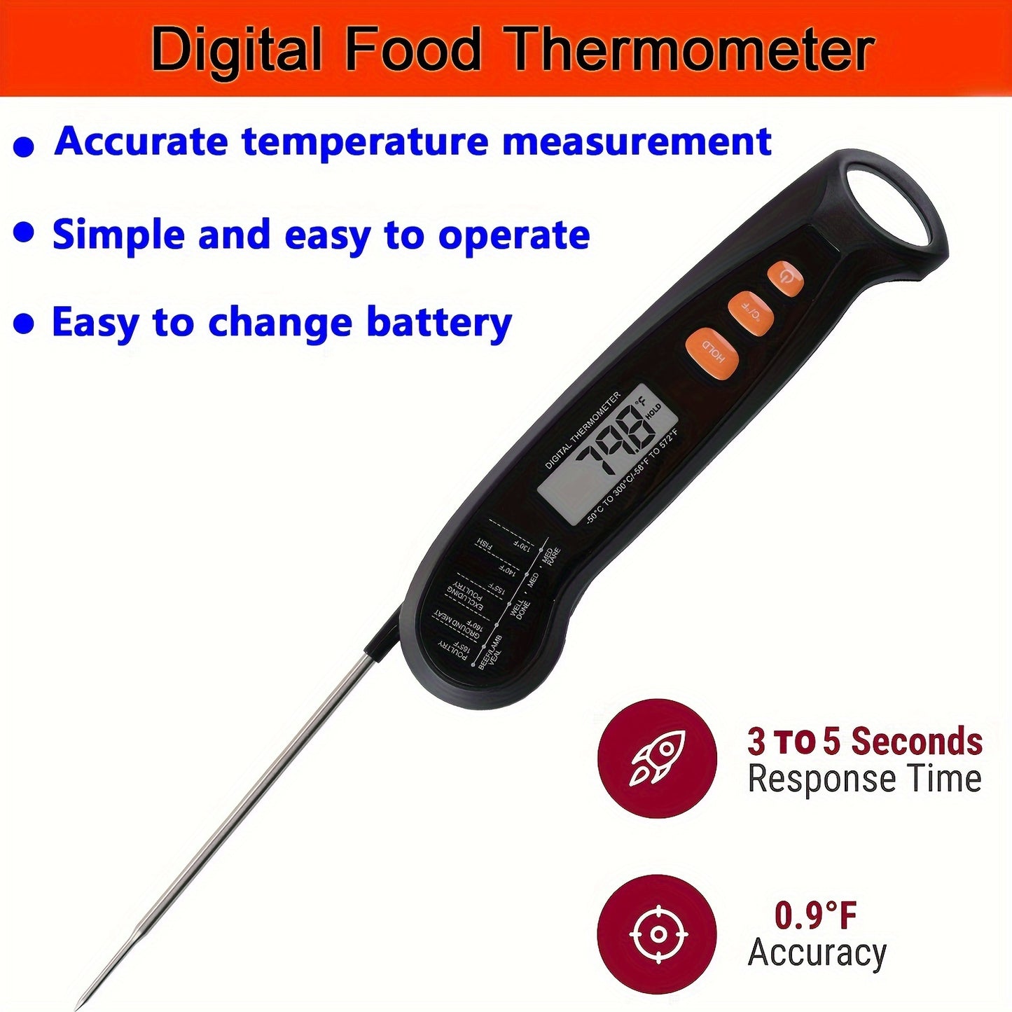 1pc Digital Kitchen Food Thermometer, Fast and Accurate Temperature Measurement, Foldable Design for Easy Storage, Metal Probe, Digital Display, Single Use, Suitable for Food Contact, Requires 1 AAA Battery (Not Included)