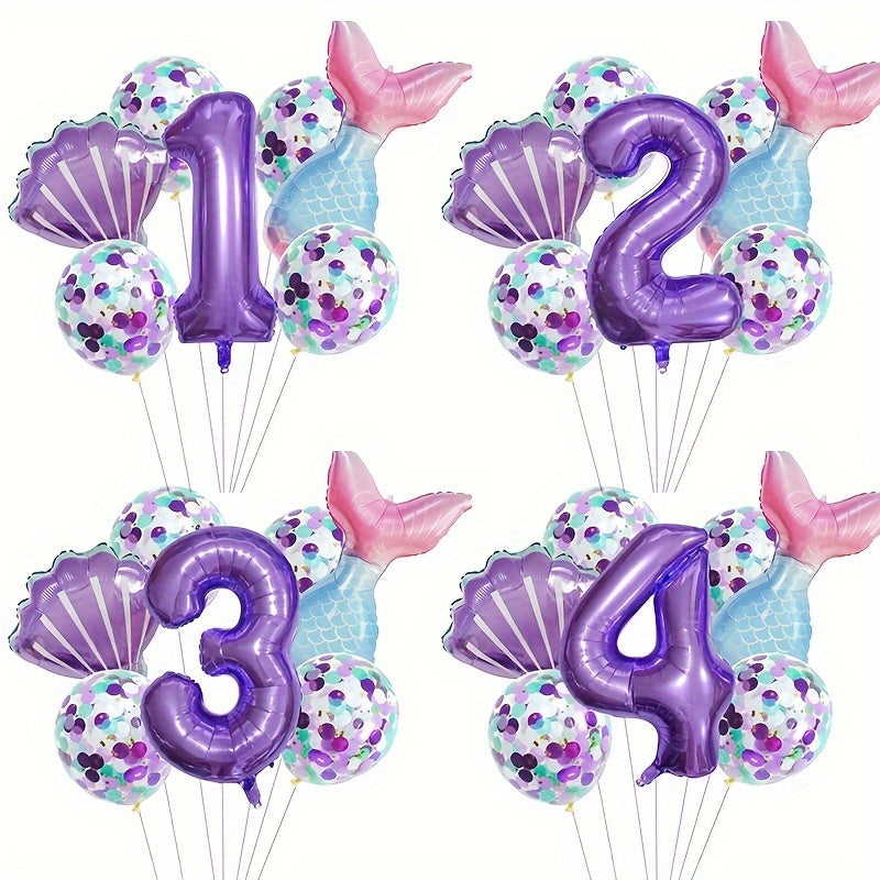 Mermaid Themed Birthday Balloon Set, 81.28 cm Purple Number Balloons, Princess Party Decor with Self-Sealing Mermaid Tail & Shell Balloons, Aluminum Film, Includes Curling Ribbon, Suitable for Birthday, Prom, Summer Party, Ph