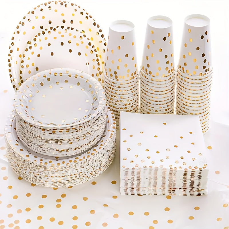 68pcs White And Golden Disposable Party Supplies Set, Golden Dot on White Paper Plates, Napkins, And Cups, for Wedding, Baby Shower, Birthday, Graduation, And General Use, Paper Material, No Power Required