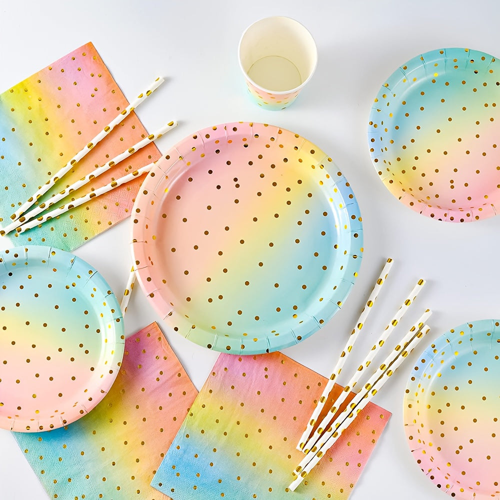 68pcs, Pink And Golden Party Supplies, Pink Paper Party Plates Napkins, Disposable Rainbow Paper Plates And Napkins For Birthday Wedding Shower, Rainbow Pastel Party Decorations, Picnic Plates, Dessert Paper Plates For Daily