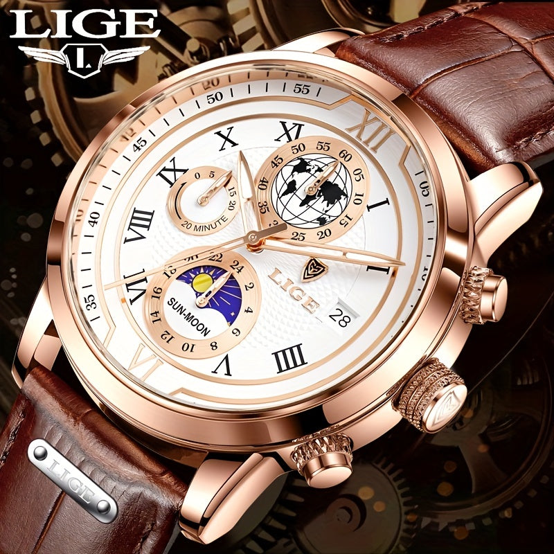 LIGE High-grade Men's Quartz Watch Men's Business Clock Multi-function Chronograph Watch 30m Life Lunar Phase Calendar Clock, Ideal choice for Gifts