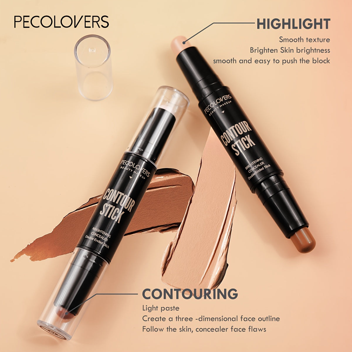 PECOLOVERS Highlight Contour Stick Duo - Nature Finish, Water Resistant, All Skin Tones, Under 1 Fl Oz Multi-Use Contouring & Bronzing Pencil, Cream Formula for Enhanced Coverage, Stick Form