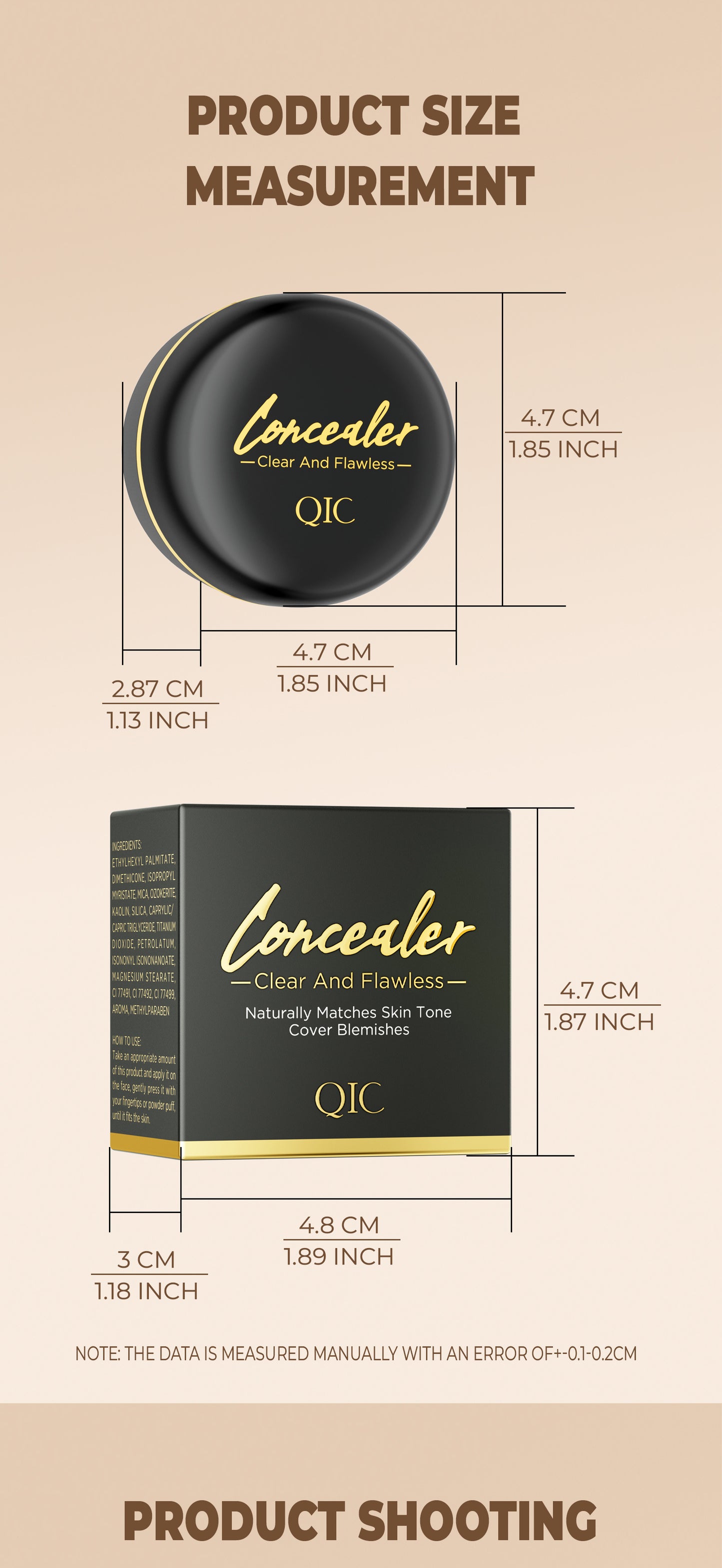 QIC Full Coverage Concealer Cream - Waterproof, Matte Finish for All Skin Tones, Hides Scars & Dark Spots, Long-Lasting, Multi-Color, Plant-Based Formula