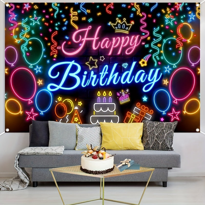 1Pc Neon Glow Happy Birthday Banner, Polyester Party Decoration Backdrop, Vibrant Balloon and Neon Light Design, Ideal for Birthday Celebration, Wedding & Bridal Shower – Power-Free Festive Decor